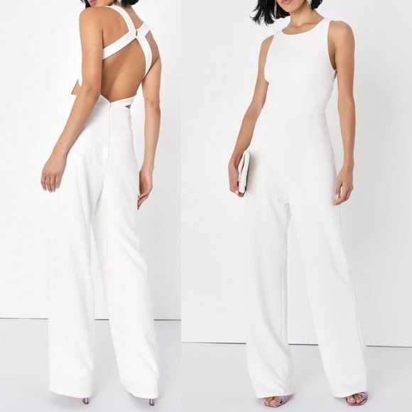 Lulus Confident Entrance Ivory Backless Wide-Leg Jumpsuit w/CrissCross Back - Picture 1 of 6